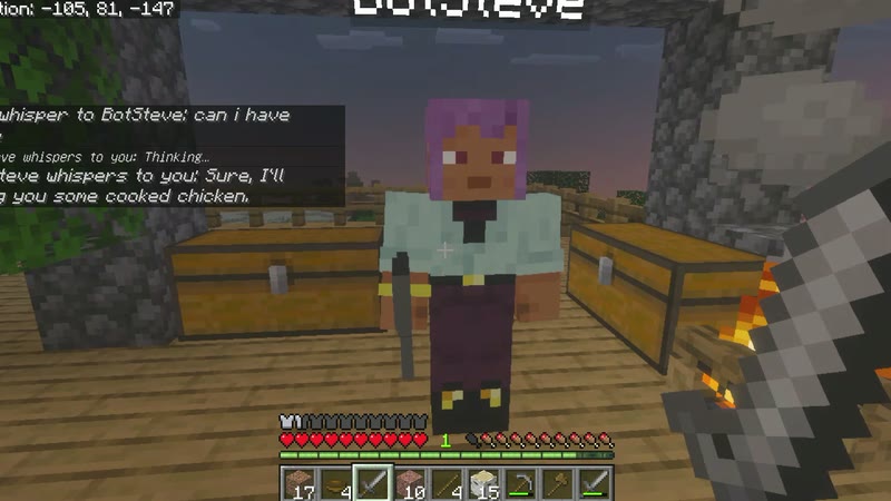 BotSteve walking up with cooked chicken at sunset