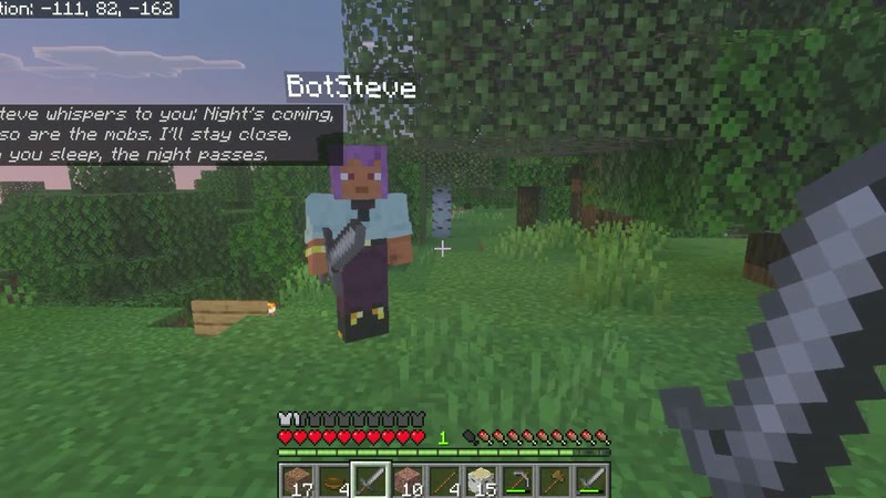 BotSteve in a field at dusk, whispering that night is coming